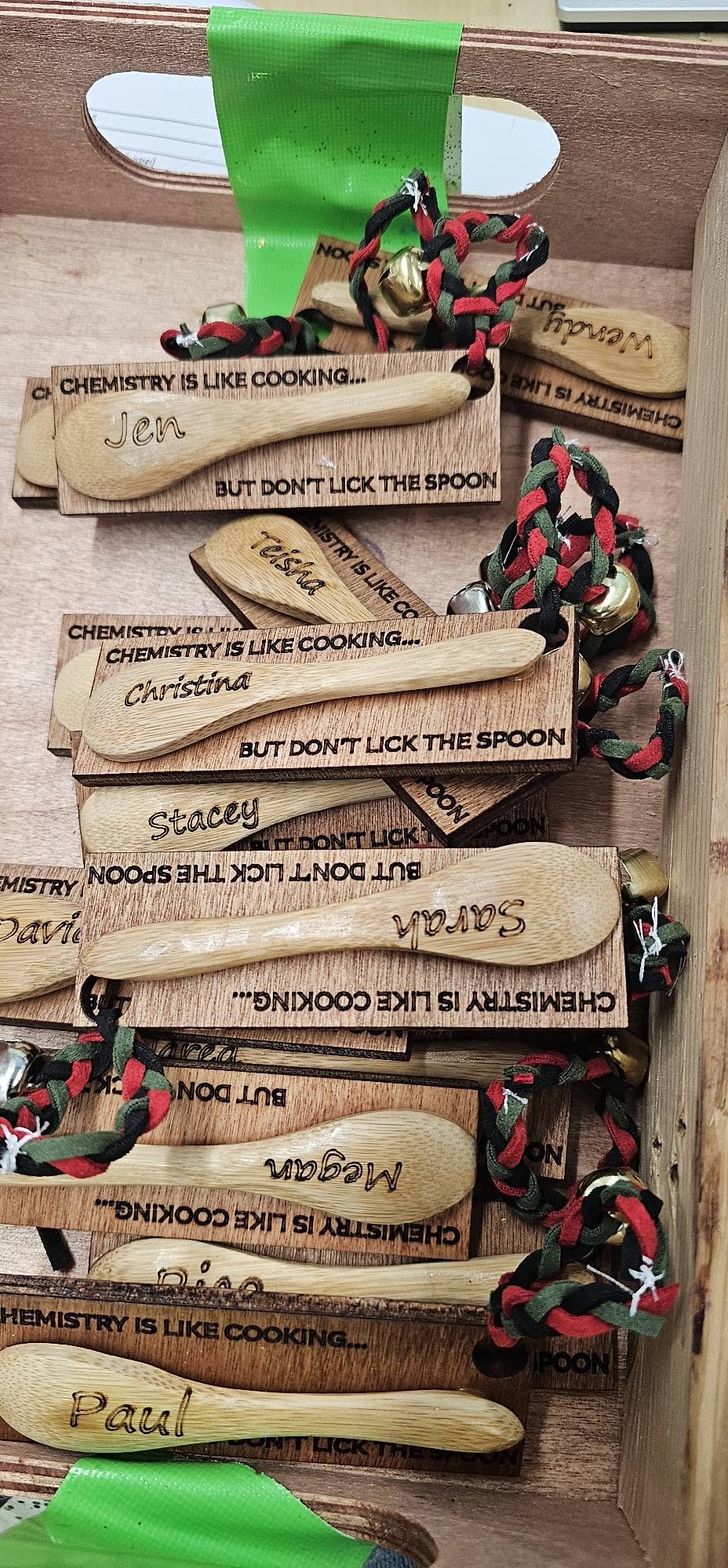 Personalized engraved wooden spoons with chemistry joke